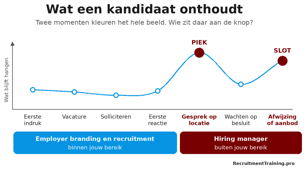 Infographic candidate experience: de kandidaat onthoudt vooral het gesprek op locatie en de afwijzing of het aanbod, momenten die bij de hiring manager liggen