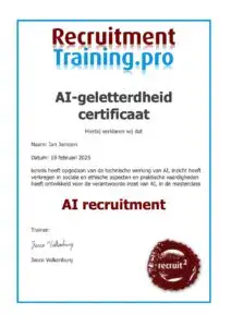AI-geletterdheid certificaat: de deelnemer heeft kennis opgedaan van de technische werking van AI, inzicht heeft verkregen in sociale en ethische aspecten en praktische vaardigheden heeft ontwikkeld voor de verantwoorde inzet van AI, in de masterclass AI recruitment