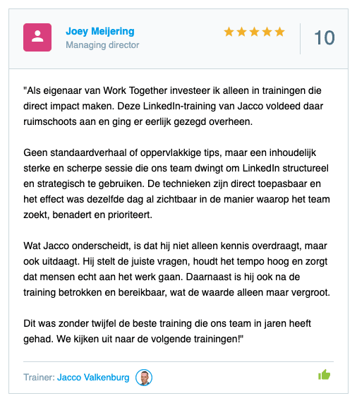 Review van Work Together over de incompany training Recruitment via LinkedIn, gegeven door Jacco Valkenburg – praktisch, strategisch en direct toepasbaar