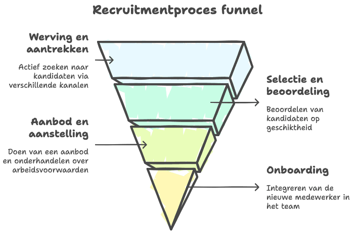Infographic 5 stappen recruitmentproces: behoefteanalyse, werving, selectie, aanbod en onboarding in tijdlijn