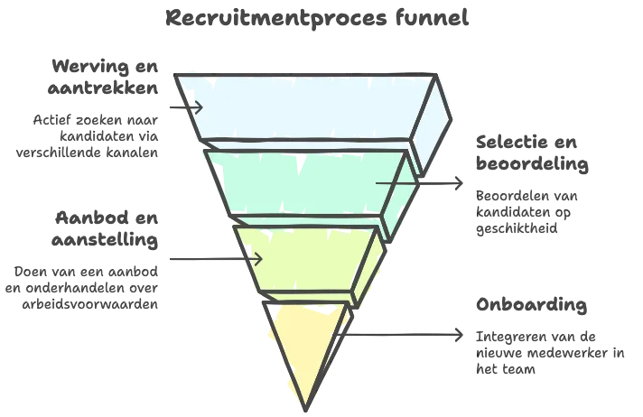 Infographic 5 stappen recruitmentproces: behoefteanalyse, werving, selectie, aanbod en onboarding in tijdlijn