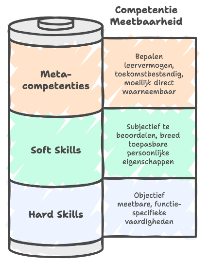 Infographic met 3 hoofdcategorieën competenties: hard skills (objectief meetbaar), soft skills (subjectief te beoordelen) en meta-competenties (leervermogen), gerangschikt van moeilijk tot makkelijk meetbaar