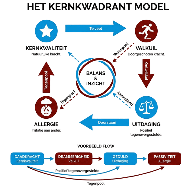 Kernkwadrant model van Daniel Ofman met vier elementen: kernkwaliteit, valkuil, uitdaging en allergie in cirkel met balans en inzicht centraal