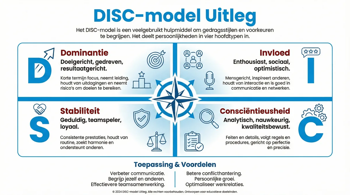 DISC-model uitleg met vier gedragsstijlen: Dominantie, Invloed, Stabiliteit en Consciëntieusheid voor HR en teamcommunicatie