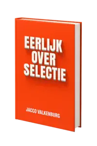 3D mock-up van het Boek 'Eerlijk over selectie' door Jacco Valkenburg. Titel op rode achtergrond met witte typografie