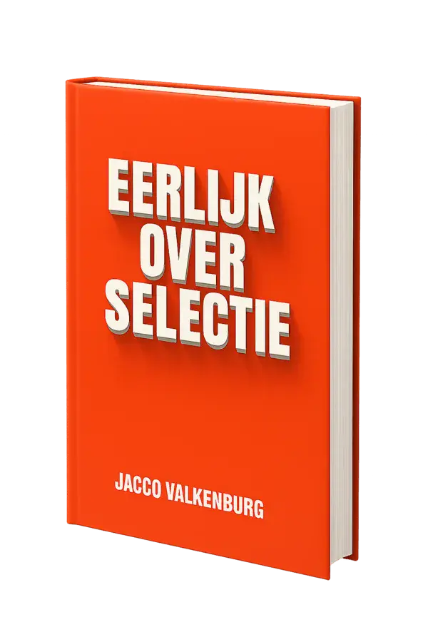 3D mock-up van het Boek 'Eerlijk over selectie' door Jacco Valkenburg. Titel op rode achtergrond met witte typografie