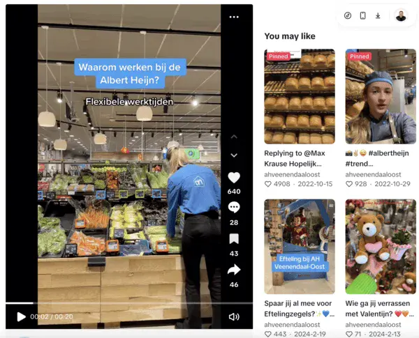 TikTok video van Albert Heijn recruitment account toont medewerker in supermarkt met titel 'Waarom werken bij de Albert Heijn? Flexibele werktijden' en sidebar met meer recruitment video's
