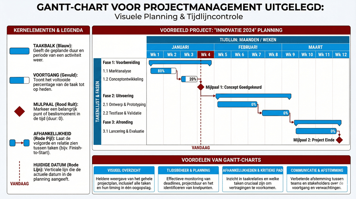 Gantt-chart voorbeeld met taken, tijdlijn en mijlpalen voor projectplanning