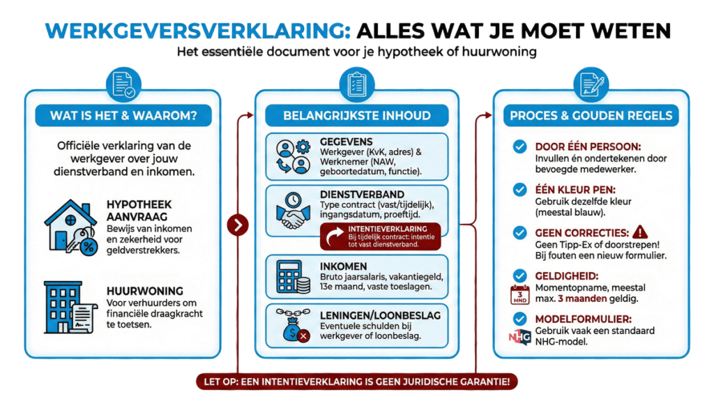 Infographic werkgeversverklaring invullen: belangrijkste inhoud, proces en gouden regels voor hypotheek en huurwoning