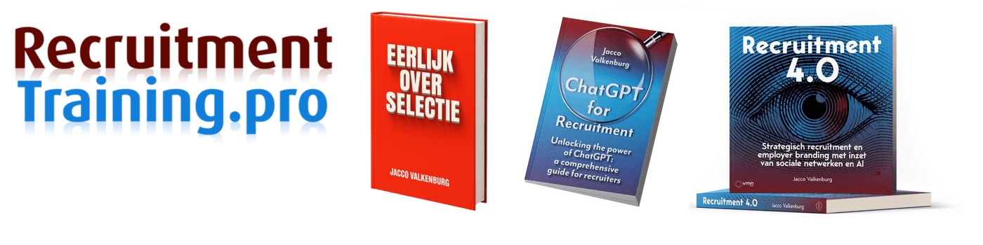 Boeken en logo van RecruitmentTraining.pro, geschreven door Jacco Valkenburg, expert in recruitment en AI-toepassingen.