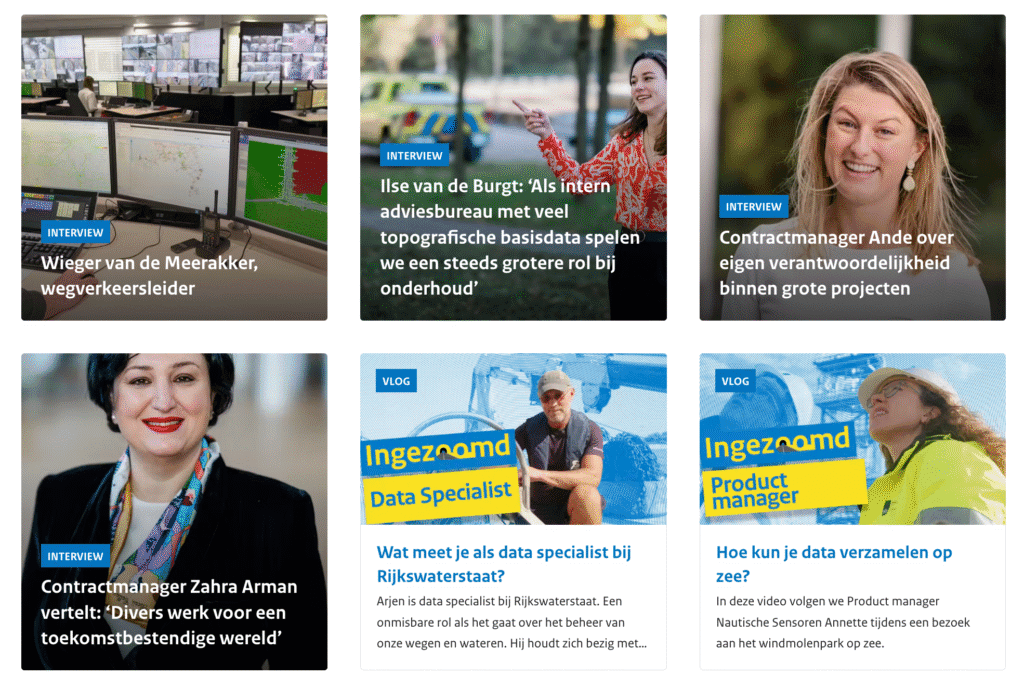 employee testimonials op werkenbij-pagina Rijkswaterstaat met interviews en vlogs van diverse medewerkers