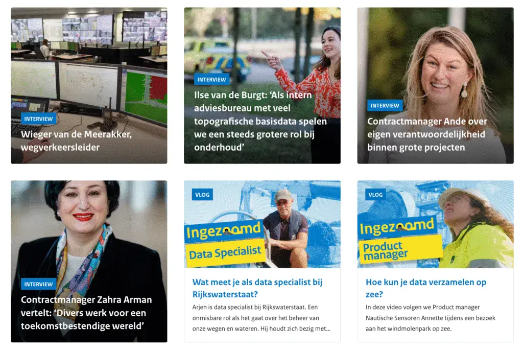 employee testimonials op werkenbij-pagina Rijkswaterstaat met interviews en vlogs van diverse medewerkers
