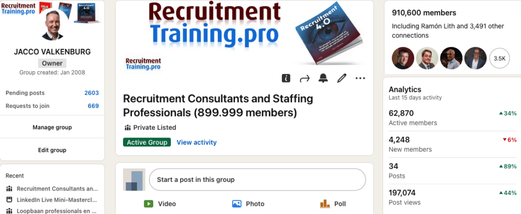 Screenshot van de LinkedIn-groep Recruitment Consultants and Staffing Professionals, beheerd door Jacco Valkenburg, met ruim 900.000 leden.