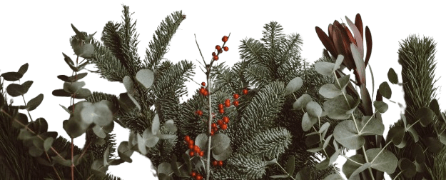 Groen kerststuk met dennetakken, eucalyptus en rode bessen als natuurlijke decoratie voor een origineel kerstpakket.