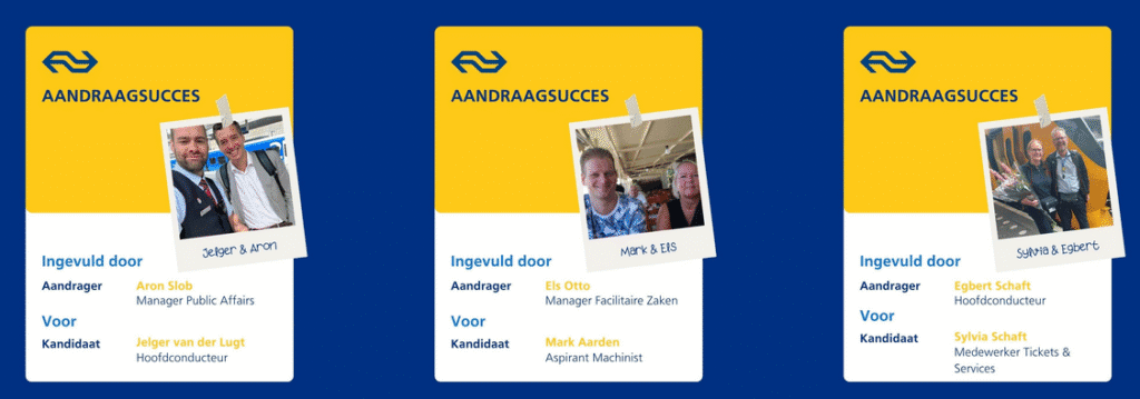 NS referral recruitment aandragsuccessen met foto's van aandragers en aangenomen kandidaten