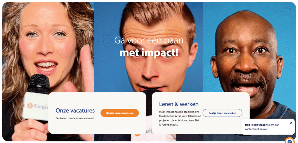 Voorbeeld employer branding campagne met drie diverse medewerkers en de slogan "Ga voor een baan met impact!" - een generieke pay-off die bij elk bedrijf zou kunnen passen