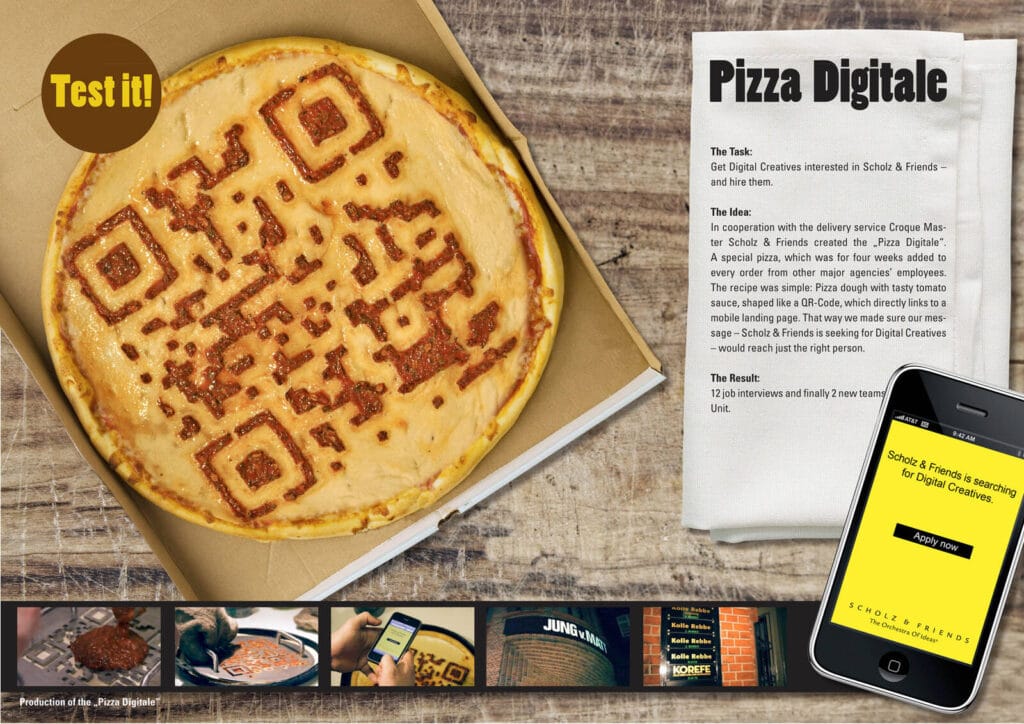 Guerilla recruitment voorbeeld: Pizza Digitale campagne van Scholz & Friends met QR-code van tomatensaus voor recruitment