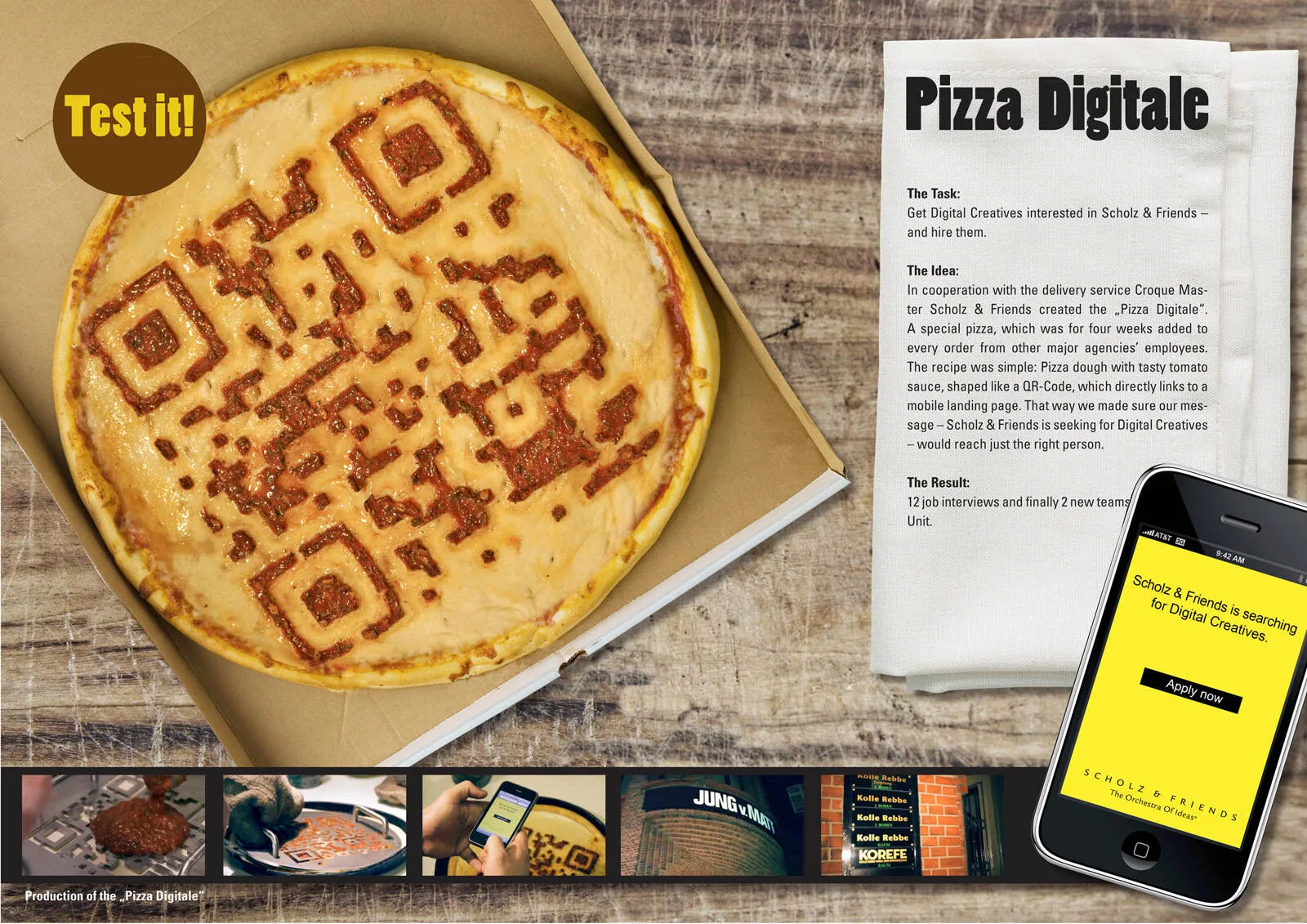 Guerilla recruitment voorbeeld: Pizza Digitale campagne van Scholz & Friends met QR-code van tomatensaus voor recruitment