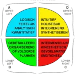 HBDI Whole Brain model vier kwadranten: analytisch blauw, gestructureerd groen, relationeel rood, creatief geel