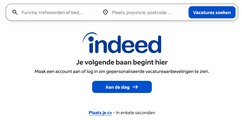 Indeed Nederland homepage met zoekbalk en slogan: Je volgende baan begint hier