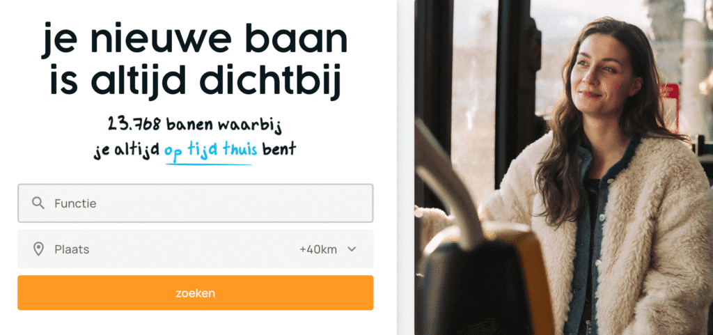 Nationale Vacaturebank homepage met tekst "je nieuwe baan is altijd dichtbij" en 13768 banen waarbij "je altijd op tijd thuis bent"