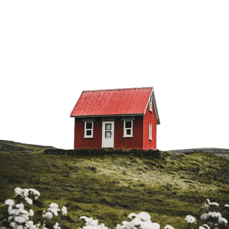 Klein rood huis op groene heuvel, symbolisch voor thuiswerken