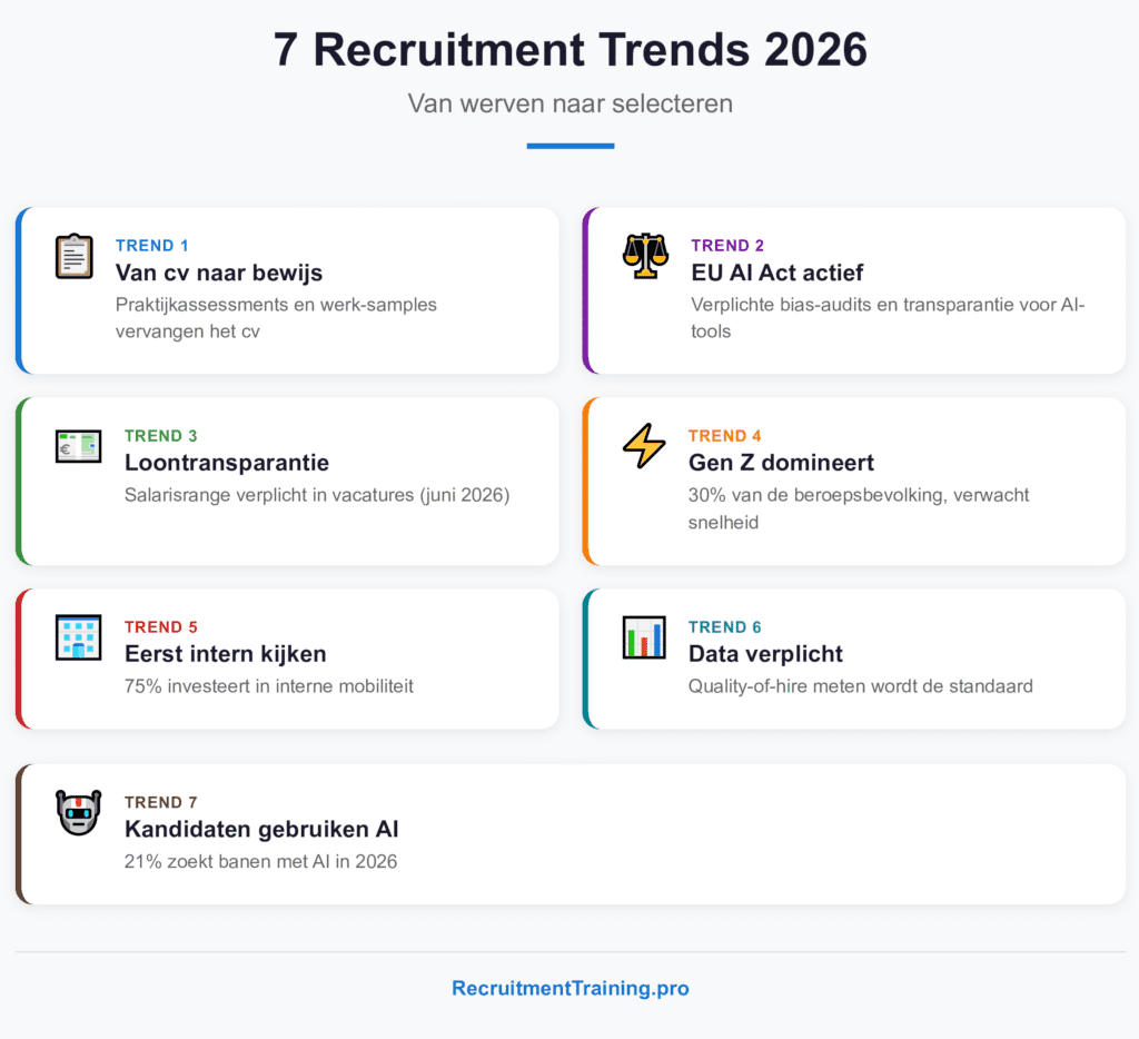 Infographic 7 recruitment trends 2026: van cv naar bewijs, EU AI Act, loontransparantie, Gen Z, interne mobiliteit, data-gedreven recruitment en AI-zoekgedrag kandidaten