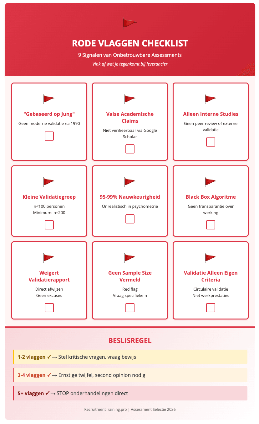 9 rode vlaggen onbetrouwbare assessments checklist: valse academische claims, geen peer review, kleine validatiegroepen, 99% nauwkeurigheid claims, black box algoritmes en circulaire validatie. HR-professionals assessment selectie waarschuwingssignalen.