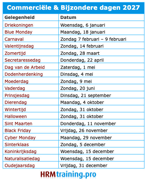Overzicht commerciële en bijzondere dagen 2027 in Nederland met alle data