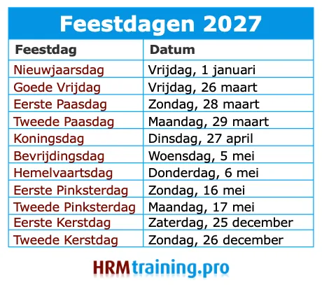 Tabel met officiële feestdagen 2027 in Nederland met datum en dag van de week