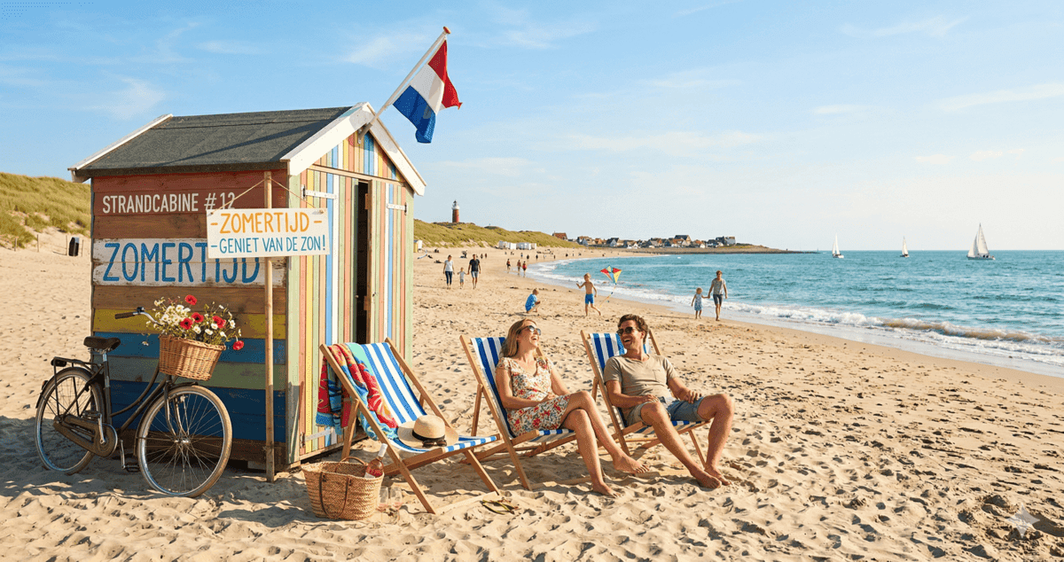Mensen ontspannen op het strand in strandstoelen bij een kleurrijke strandhut met de tekst Zomertijd, ter illustratie van het begin van de zomertijd