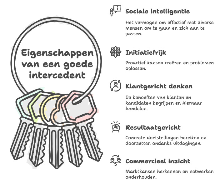 Infographic met 5 eigenschappen van een goede intercedent: sociale intelligentie, initiatiefrijk, klantgericht, resultaatgericht en commercieel inzicht