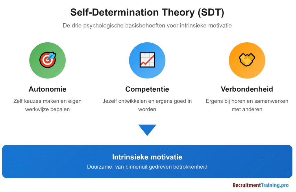 Self-Determination Theory SDT infographic met drie basisbehoeften voor intrinsieke motivatie: autonomie (zelf keuzes maken), competentie (jezelf ontwikkelen) en verbondenheid (ergens bij horen)