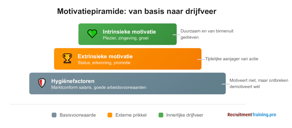Motivatiepiramide met drie lagen: hygiënefactoren als basis (salaris en arbeidsvoorwaarden), extrinsieke motivatie (status en erkenning) en intrinsieke motivatie bovenaan (plezier en zingeving)