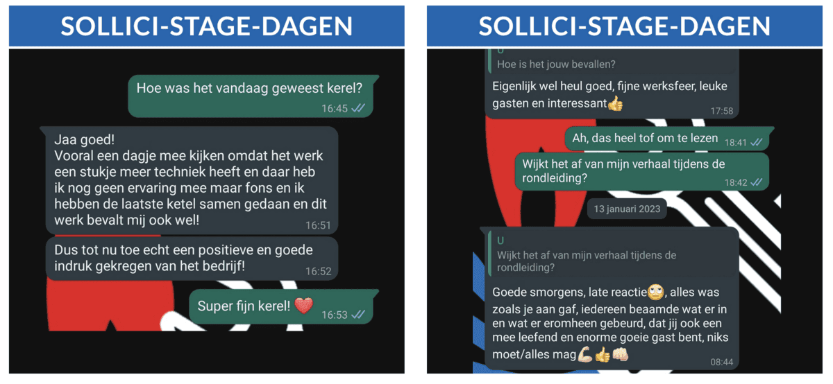 Twee WhatsApp-gesprekken over Sollici-Stage-Dagen. Kandidaten delen positieve ervaringen: fijne werksfeer, leuke collega's, eerlijk beeld van het werk. Voorbeeld van laagdrempelig kennismaken in de praktijk bij een installatiebedrijf.