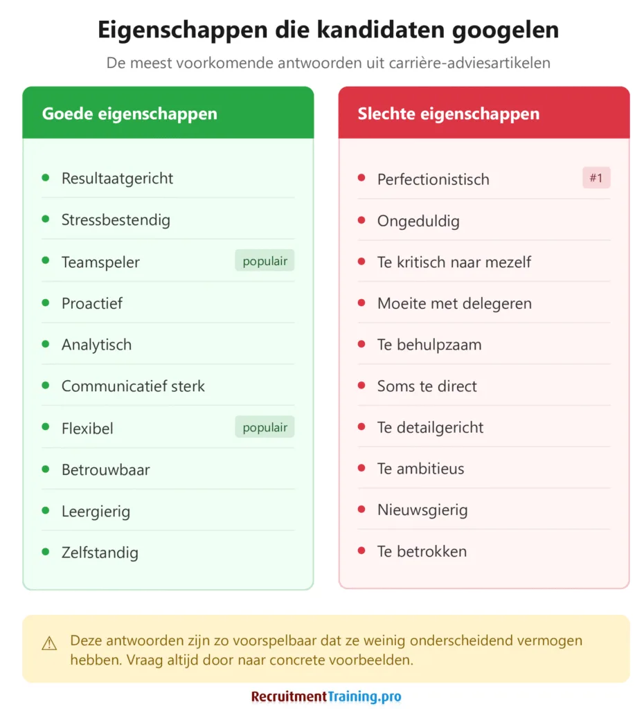 Overzicht van goede en slechte eigenschappen die kandidaten googelen voor sollicitatiegesprekken. Goede eigenschappen: resultaatgericht, teamspeler, flexibel, communicatief sterk. Slechte eigenschappen: perfectionistisch, ongeduldig, te kritisch naar mezelf, moeite met delegeren.