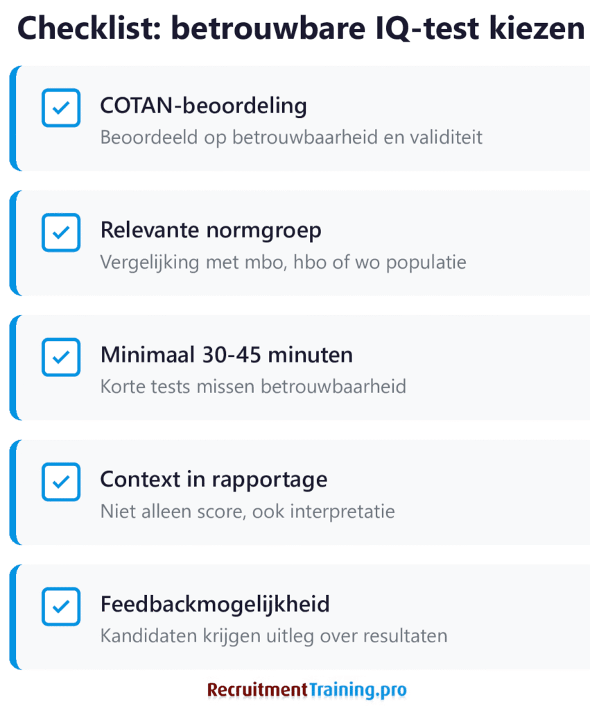 Checklist voor het kiezen van een betrouwbare IQ-test met vijf criteria: COTAN-beoordeling, relevante normgroep (mbo hbo wo), minimale testduur van 30 tot 45 minuten, context in rapportage en feedbackmogelijkheid voor kandidaten.