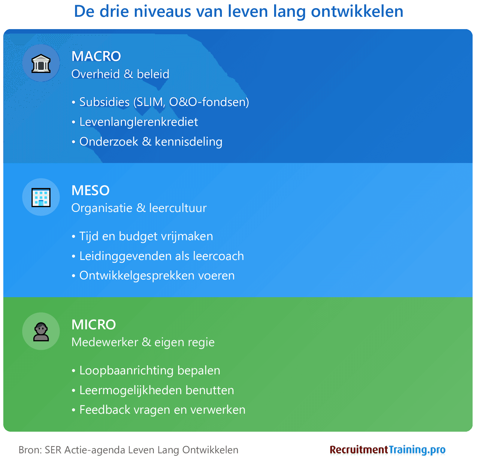 Infographic met de drie niveaus van leven lang ontwikkelen: macro (overheid met subsidies en beleid), meso (organisatie met leercultuur en leidinggevenden) en micro (medewerker met eigen regie en loopbaankeuzes).