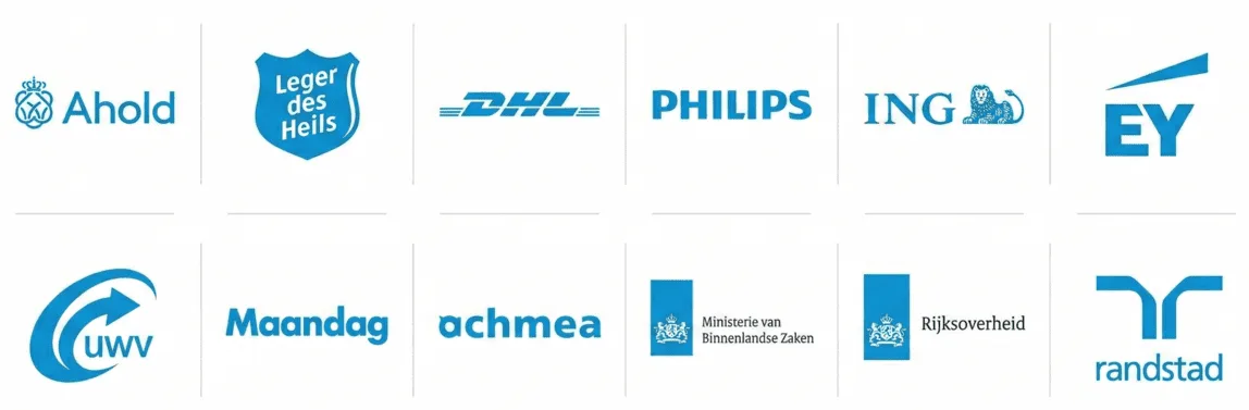 Logo's van organisaties die kozen voor RecruitmentTraining.pro, waaronder Philips, DHL, ING, Randstad, Ahold, EY, Achmea en Rijksoverheid