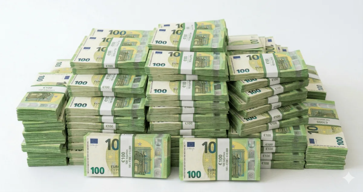 Stapel Euro-geld met bundels van 100 Euro bankbiljetten