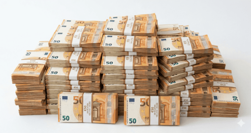 Stapel Euro-geld met bundels van 50 Euro bankbiljetten