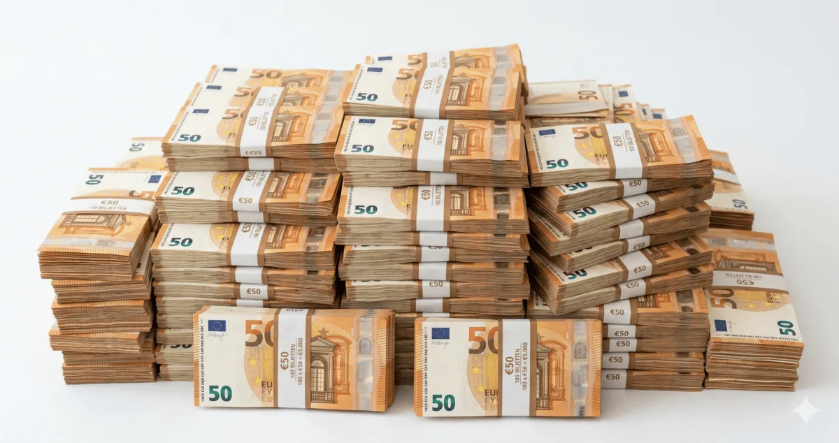 Stapel Euro-geld met bundels van 50 Euro bankbiljetten