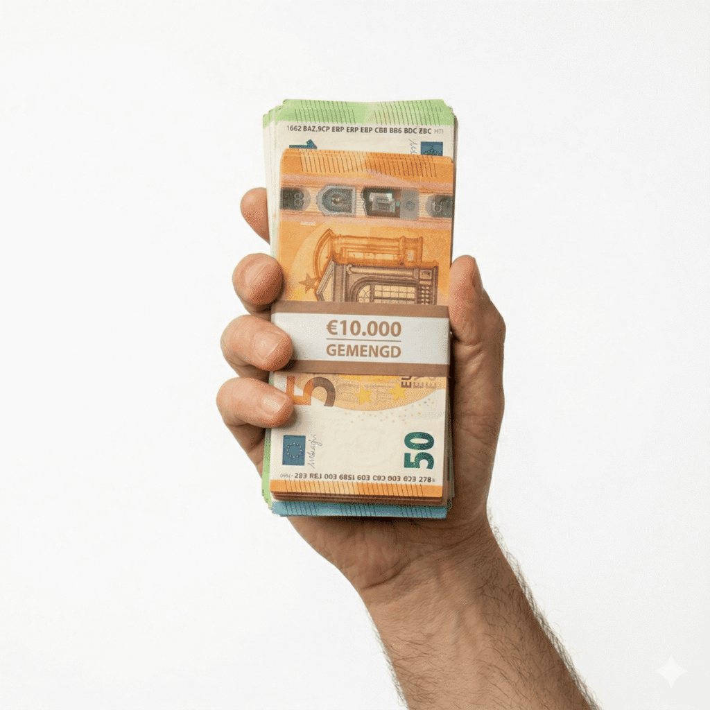 en hand houdt een stapel gemengde Euro biljetten vast met een banderol met de tekst '€10.000 GEMENGD', inclusief zichtbare €50 en €5 biljetten