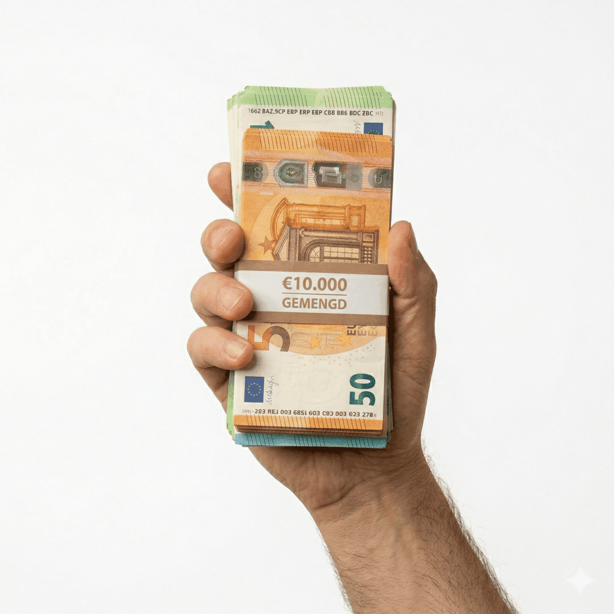 en hand houdt een stapel gemengde Euro biljetten vast met een banderol met de tekst '€10.000 GEMENGD', inclusief zichtbare €50 en €5 biljetten