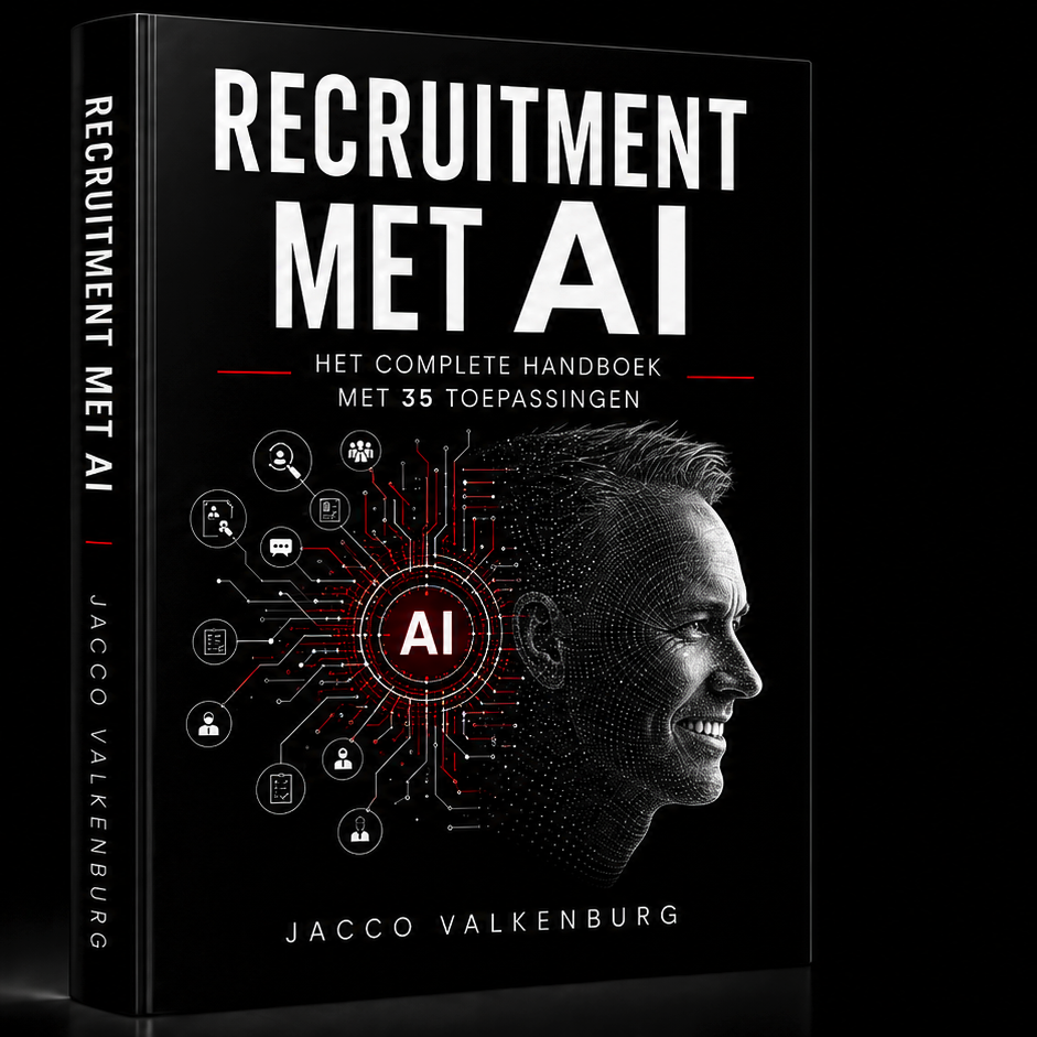 3D mockup van het boek 'Recruitment met AI' door Jacco Valkenburg: het complete handboek met 35 toepassingen voor recruiters en HR-professionals.