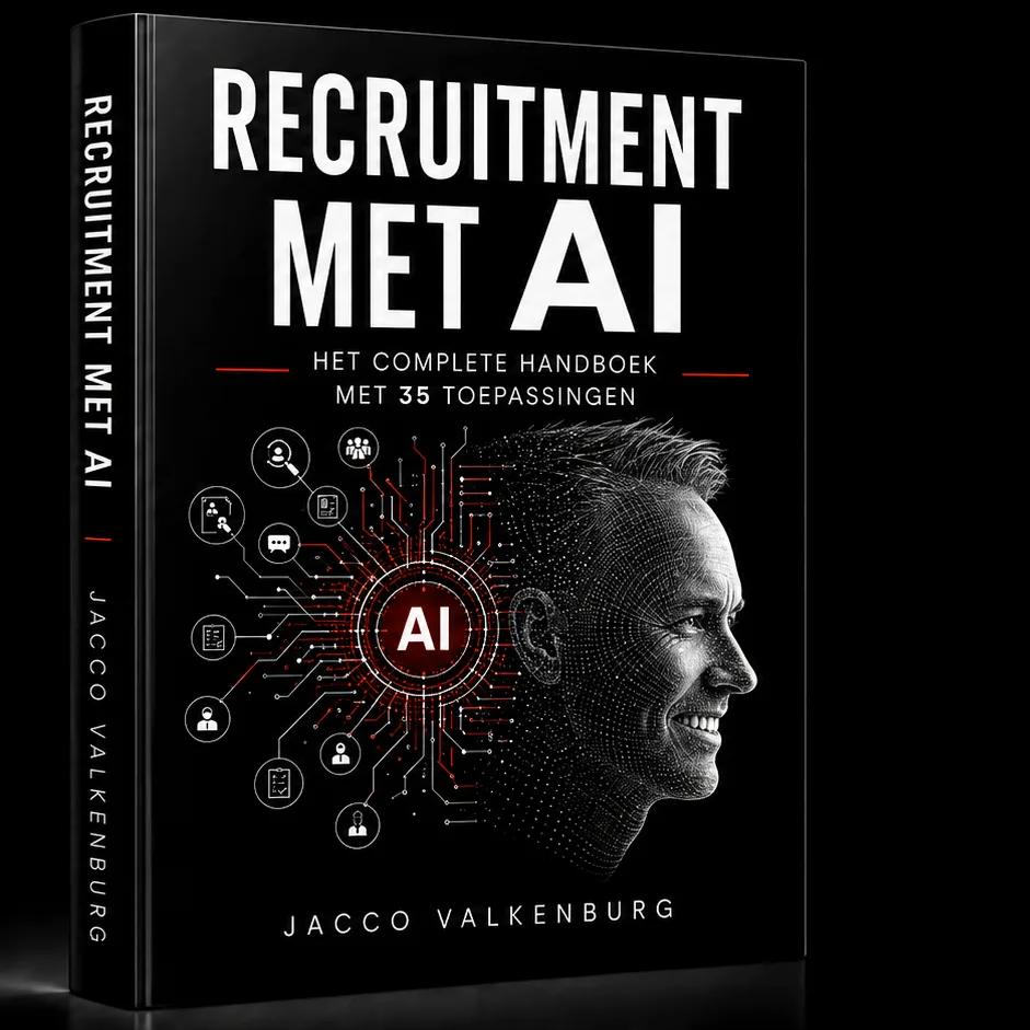 3D mockup van het boek 'Recruitment met AI' door Jacco Valkenburg: het complete handboek met 35 toepassingen voor recruiters en HR-professionals.