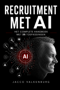 Boekcover van 'Recruitment met AI' door Jacco Valkenburg, het complete handboek met 35 toepassingen voor recruiters en HR-professionals.
