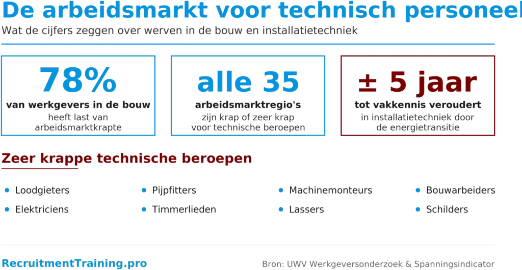 Infographic met drie kerncijfers over de arbeidsmarkt voor technisch personeel: 78% van werkgevers in de bouw heeft last van krapte, alle 35 arbeidsmarktregio's zijn krap voor technische beroepen en vakkennis veroudert binnen 5 jaar in de installatietechniek. Met een lijst van zeer krappe beroepen: loodgieters, elektriciens, pijpfitters, timmerlieden, machinemonteurs, lassers, bouwarbeiders en schilders.