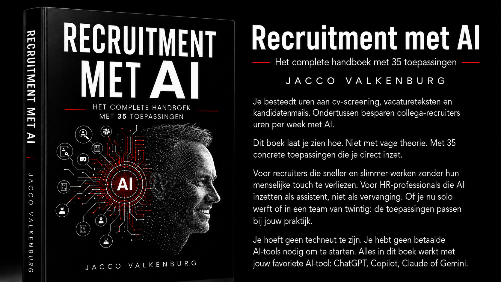 Promotiebanner voor het boek 'Recruitment met AI' van Jacco Valkenburg: het complete handboek met 35 toepassingen voor recruiters en HR-professionals.