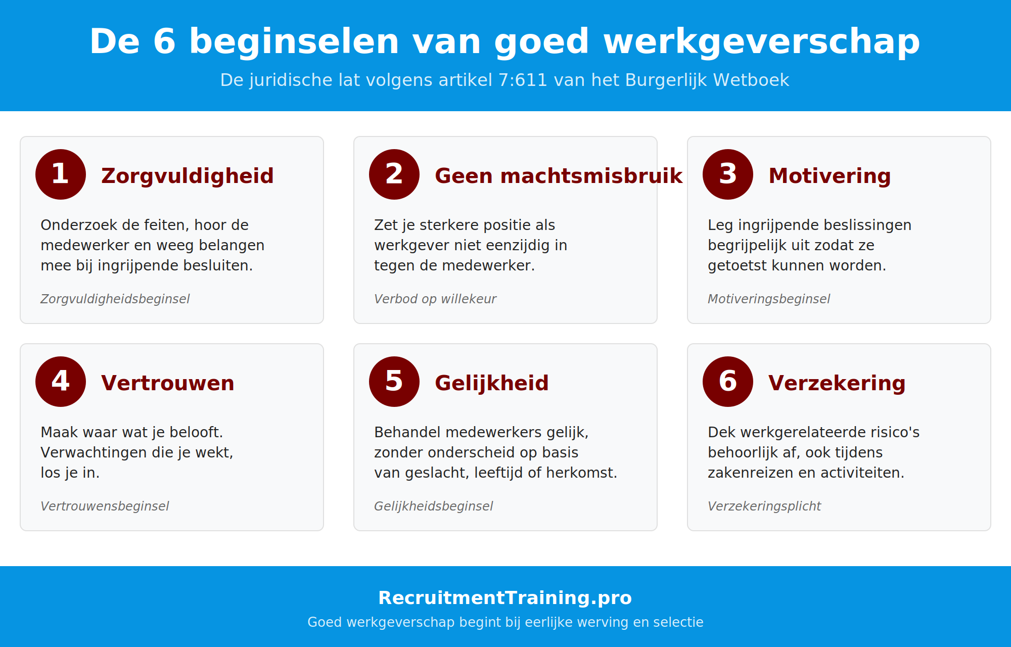 Infographic met de 6 beginselen van goed werkgeverschap volgens artikel 7:611 BW: zorgvuldigheid, geen machtsmisbruik, motivering, vertrouwen, gelijkheid en behoorlijke verzekering.